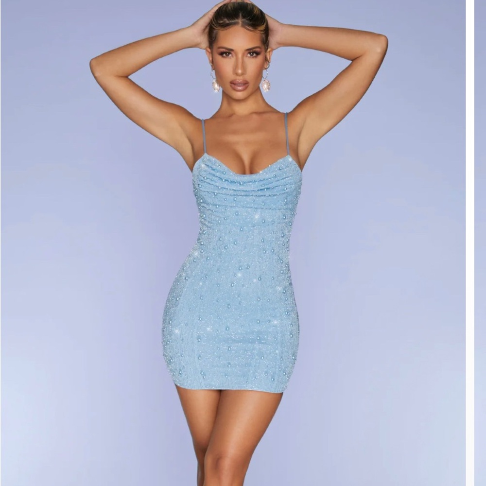Oh Polly Seychelles Embellished Cowl Neck Mini Dress in Blue